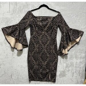 Venus Black Lace Bodycon Dress‎ Bell Sleeves Cocktail Party Sexy Size 6